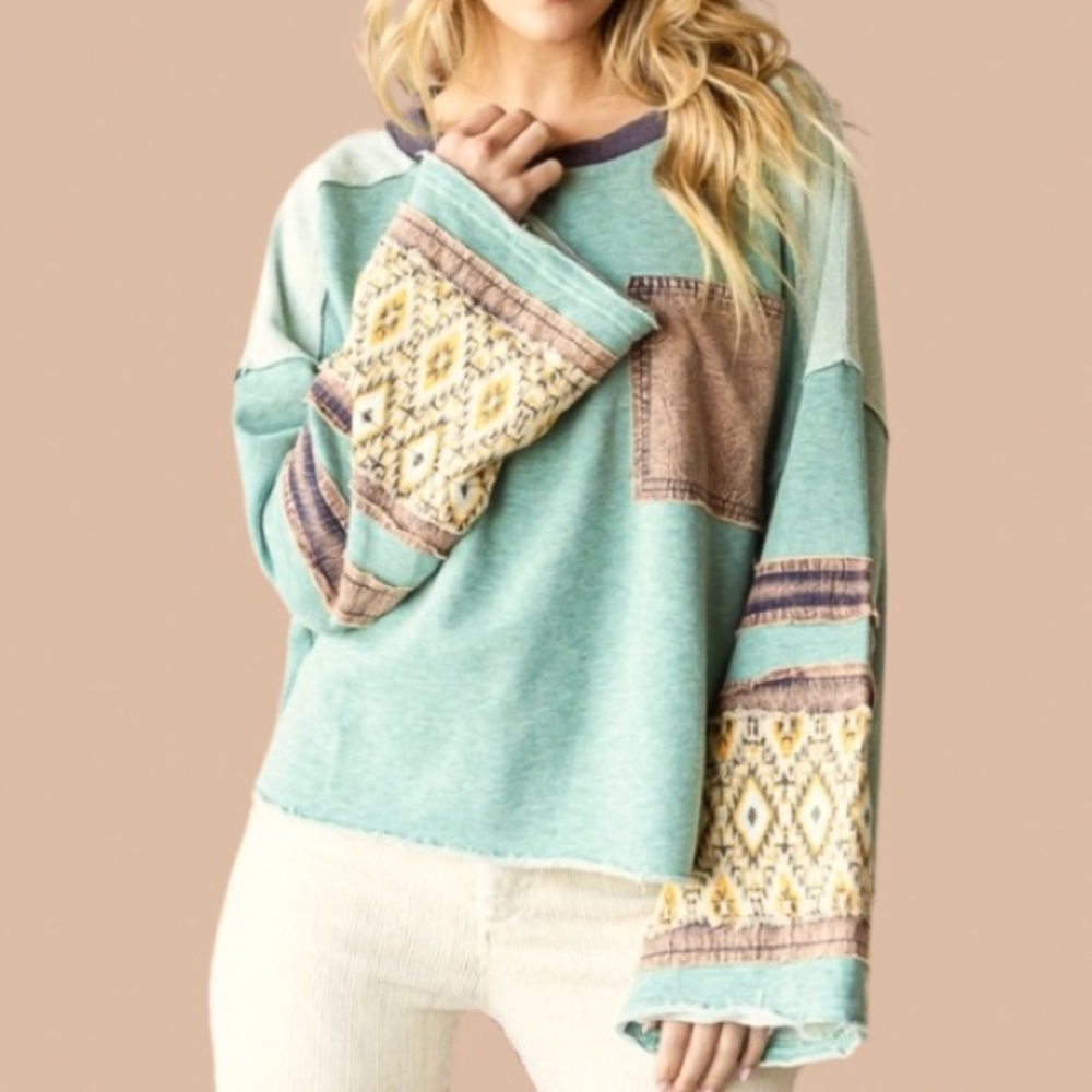 Mineral Washed Vintage Inspired Mix Fabric Boho Western Sweater Sweatshirt